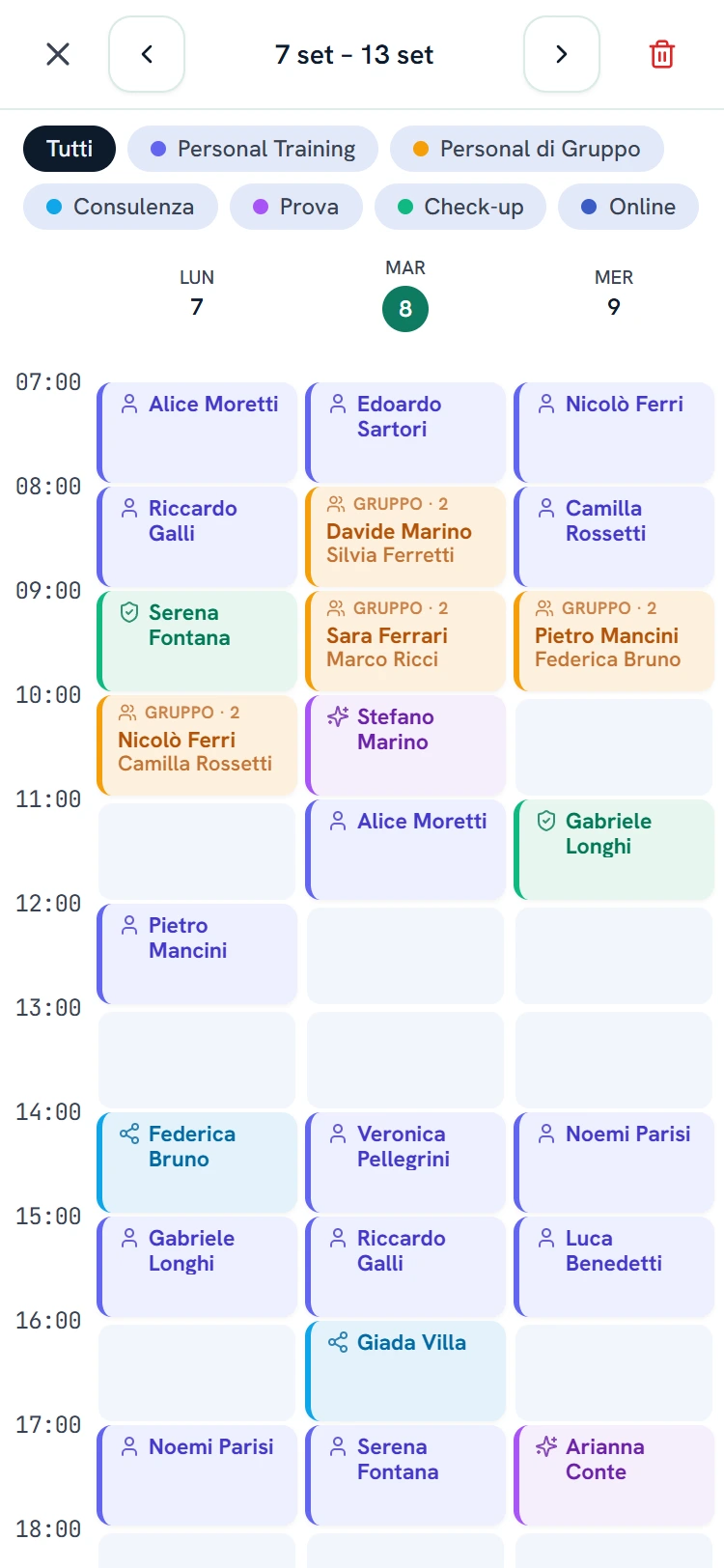 L'agenda settimanale dello studio, con le sedute di gruppo e i colori per tipo di seduta
