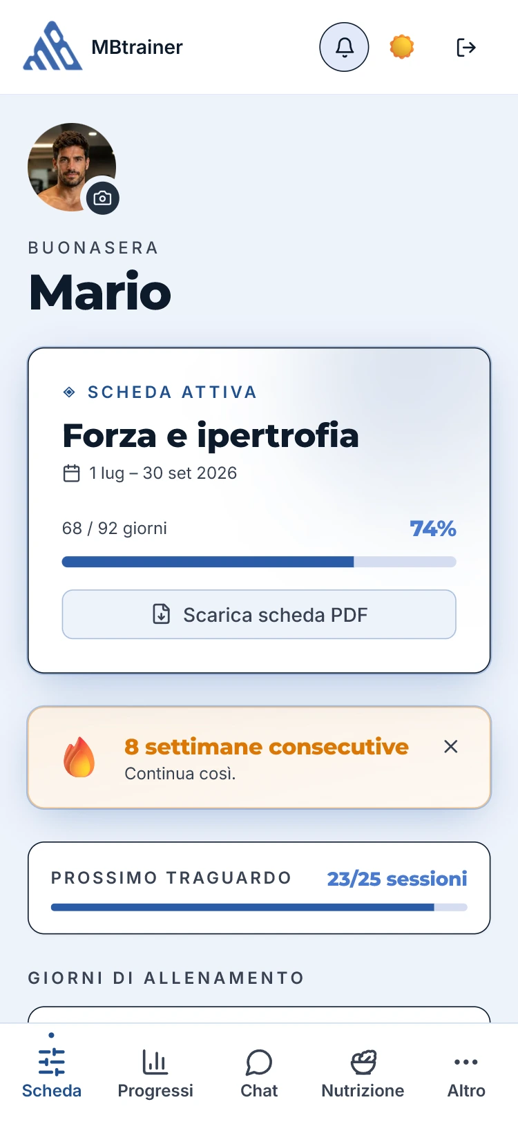 L'app del cliente: la scheda attiva, la percentuale di percorso e le settimane consecutive